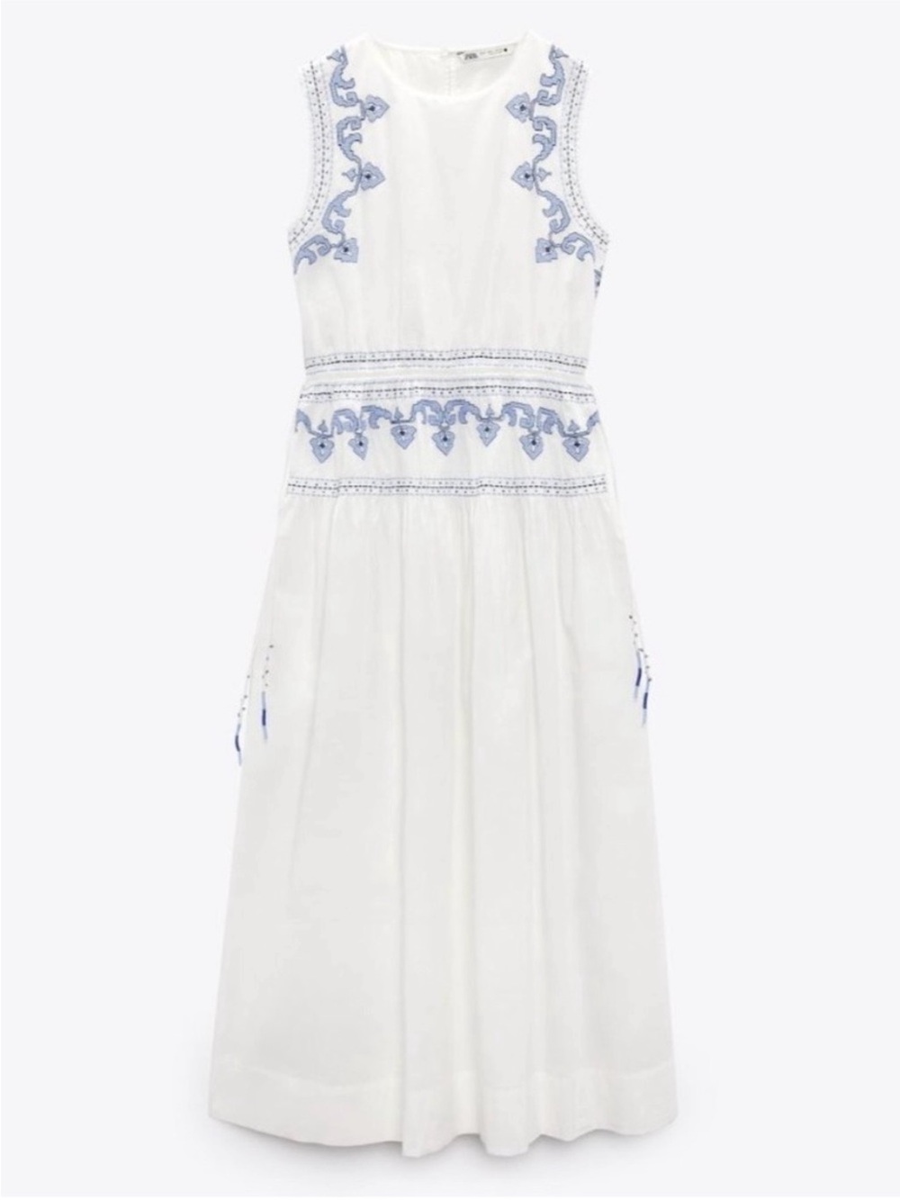Zara White Maxi Dress with Blue Embroidery